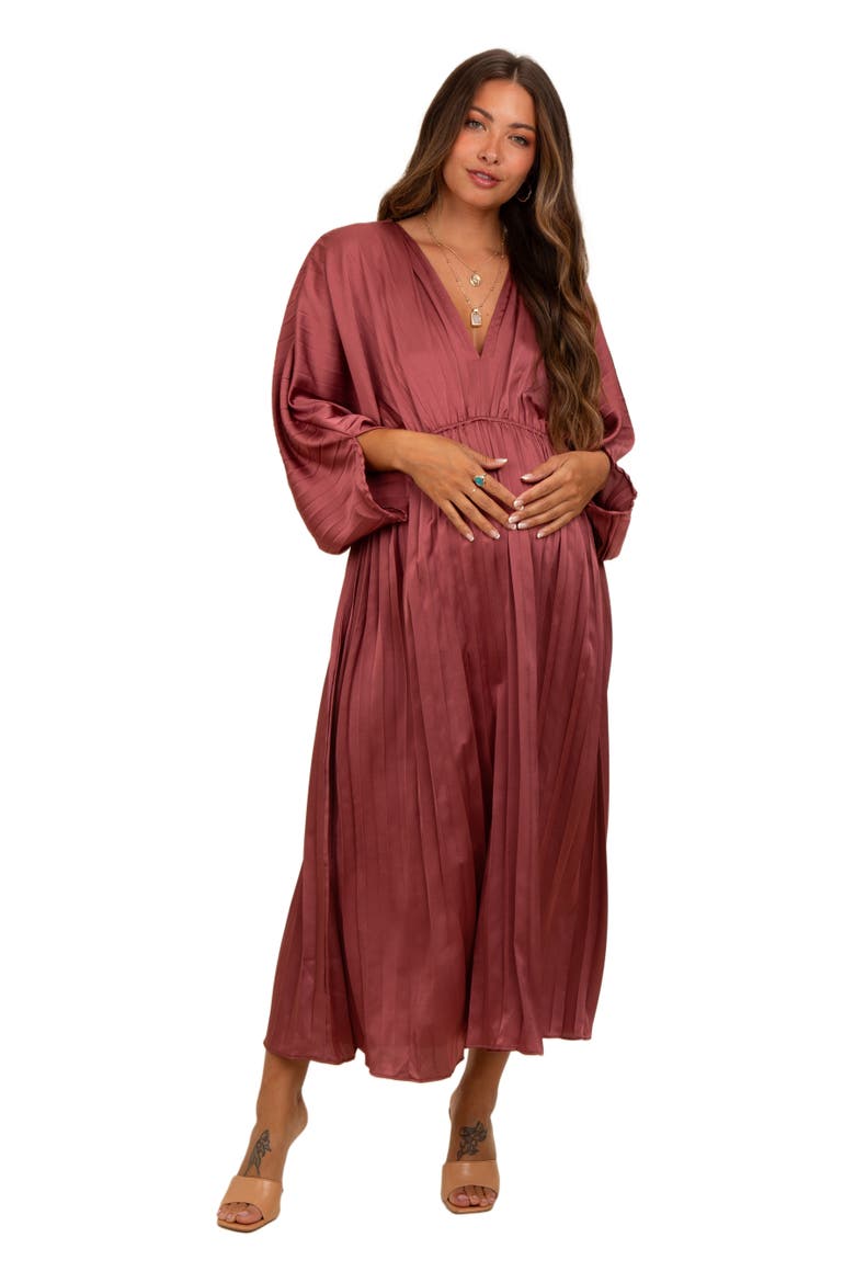 Satin Pleated V-Neck Maxi Dress, Main, color, Mauve
