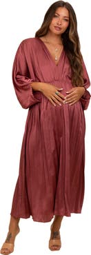 PinkBlush Satin Pleated V-Neck Maxi Dress