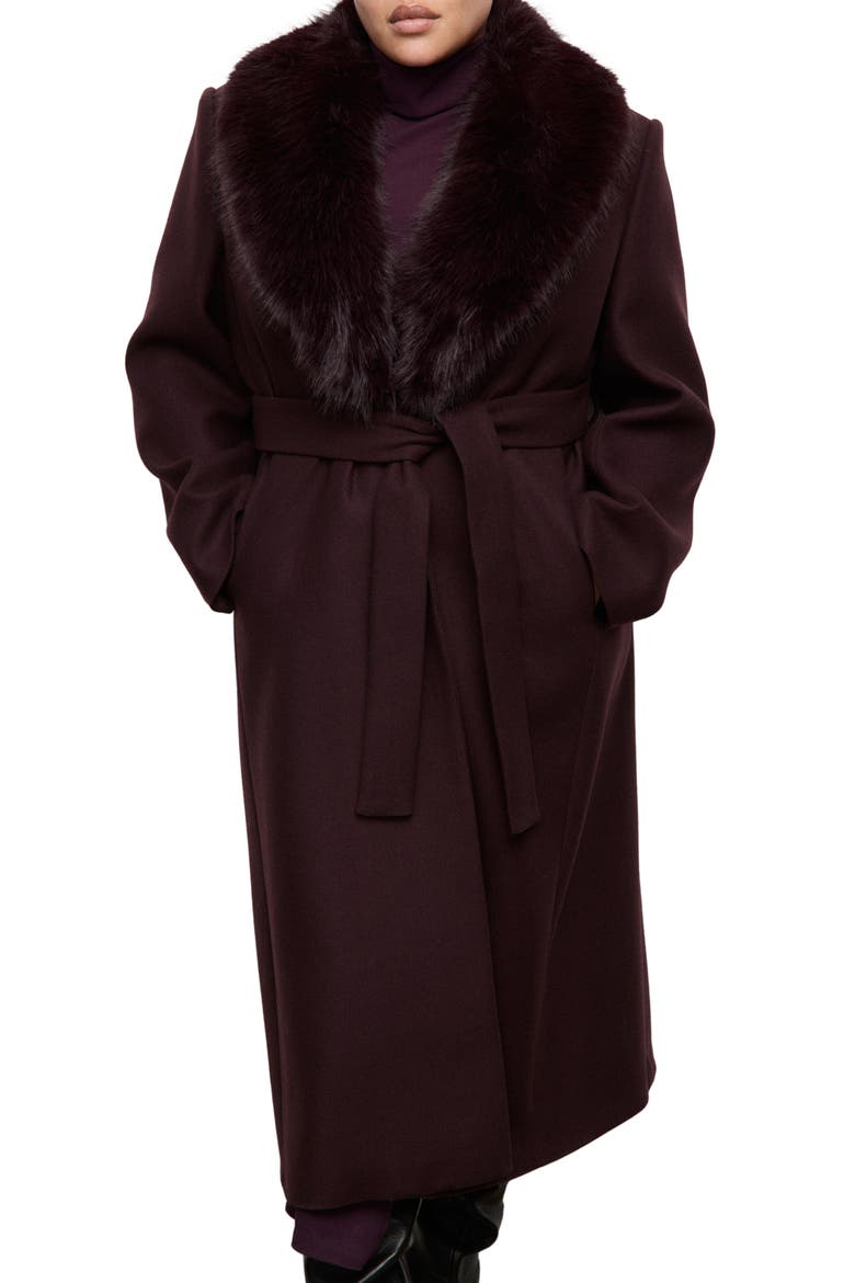 Manteco Belted Longline Trench Coat with Removable Faux Fur Collar, Main, color, MAROON