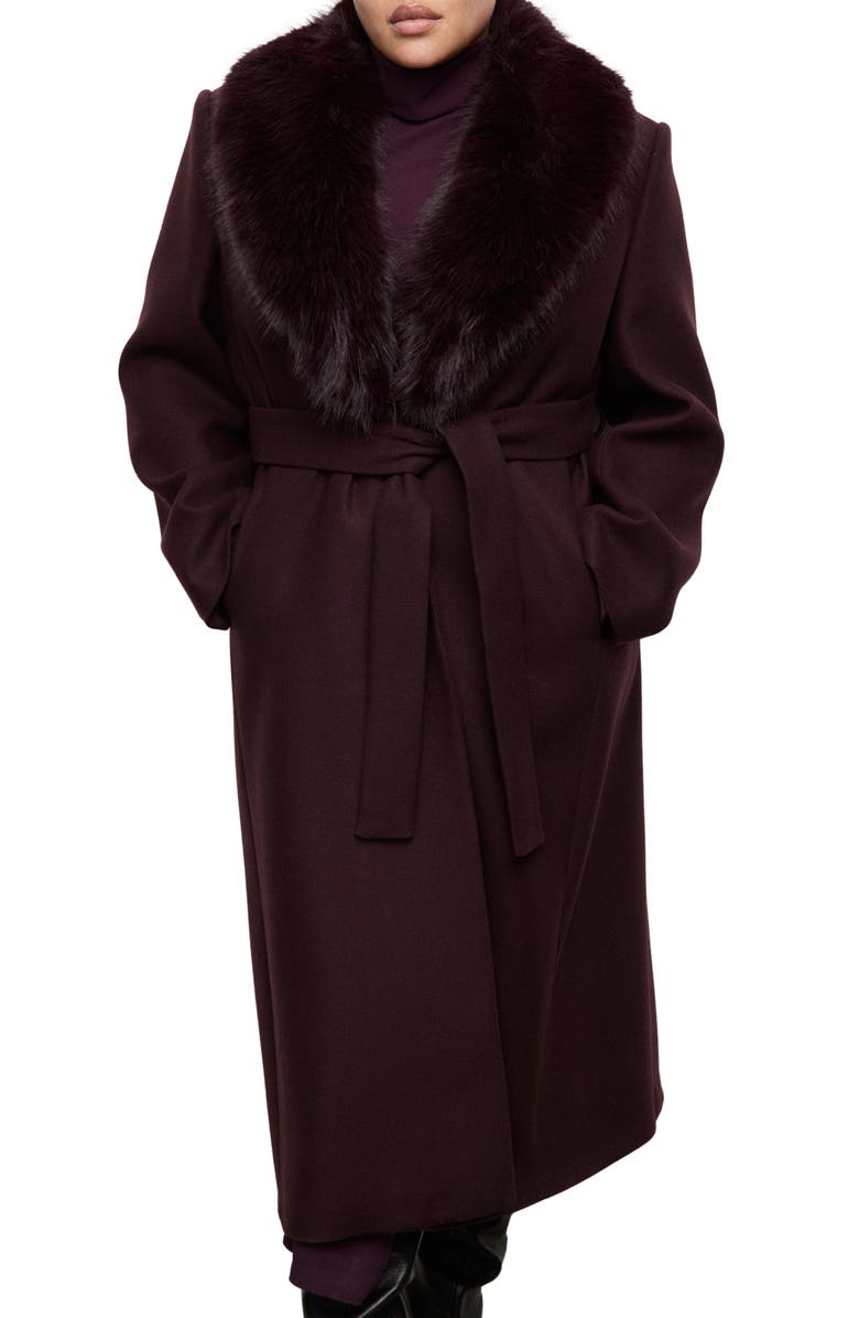 MANGO Manteco Belted Longline Trench Coat with Removable Faux Fur Collar, Main, color, Maroon