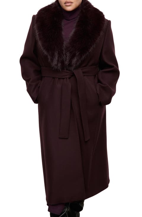 Manteco Belted Longline Trench Coat with Removable Faux Fur Collar