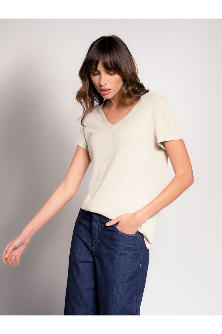 Relaxed V-Neck Linen Blend T-Shirt, Alternate, color, Undyed Ecru