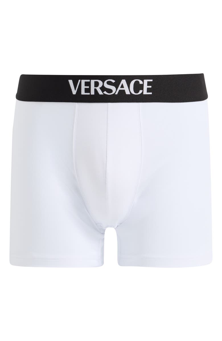 Versace Essential Logo Stretch Cotton Boxer Briefs, Alternate, color, Optical White
