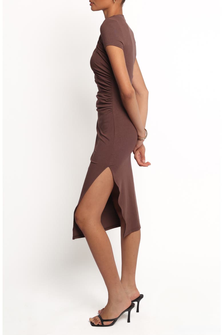 Lioren Ruched Midi Dress, Alternate, color, BROWN