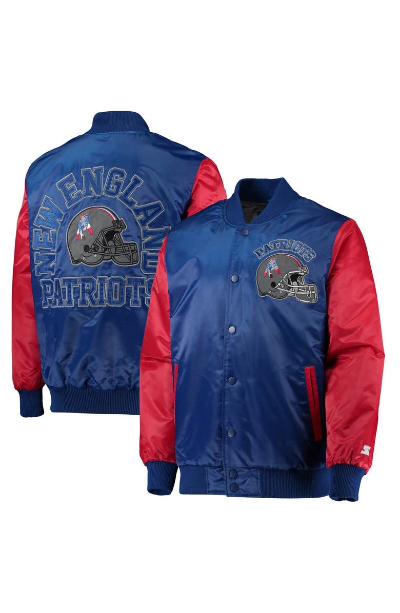 STARTER Men's Starter Royal/Red New England Patriots Locker Room Throwback Satin Varsity Full-Snap Jacket, Main, color,