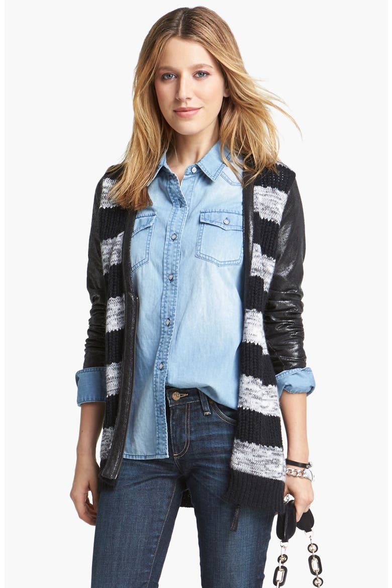 Faux Leather Detail Stripe Cardigan, Main, color, GREY COMBO