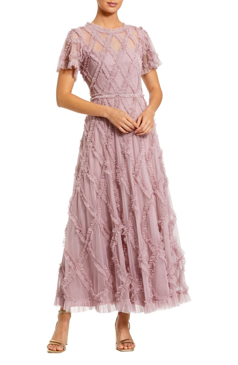 Mac Duggal High Neck Short Sleeve Ruffle Ankle Length Dress, Main, color, Heather