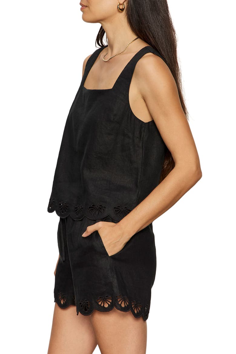 Almost There Scallop Hem Sleeveless Linen Top, Alternate, color, BLACK