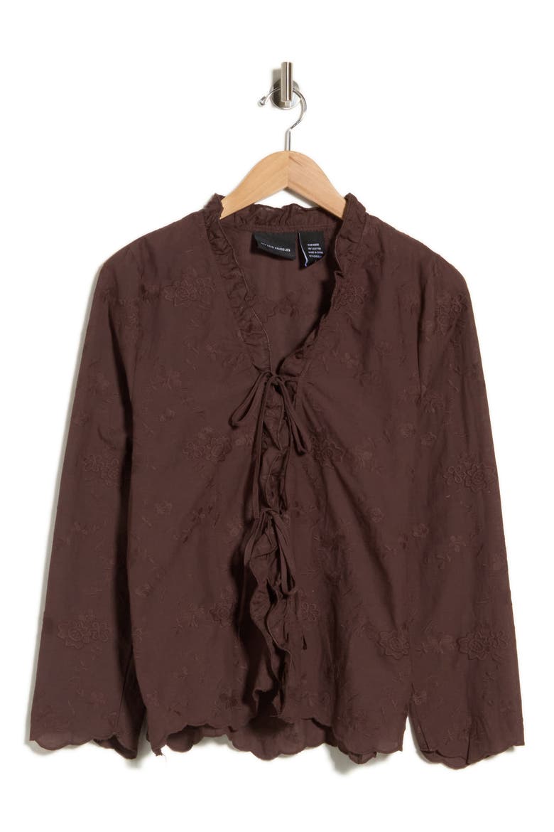 Tie Front Embroidered Cotton Shirt, Alternate, color, CHOCOLATE