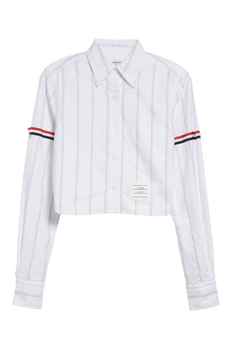 Armband Stripe Cotton Poplin Crop Button-Down Shirt, Alternate, color, WHITE