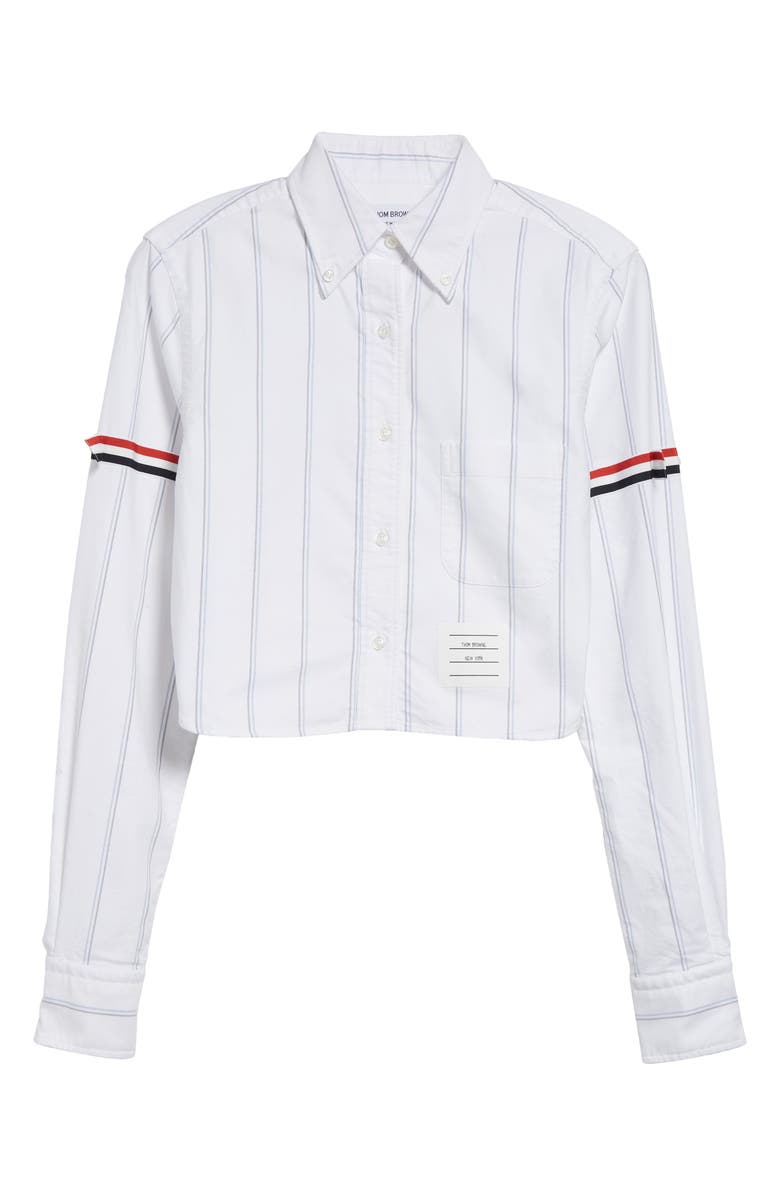 Thom Browne Armband Stripe Cotton Poplin Crop Button-Down Shirt, Alternate, color, White