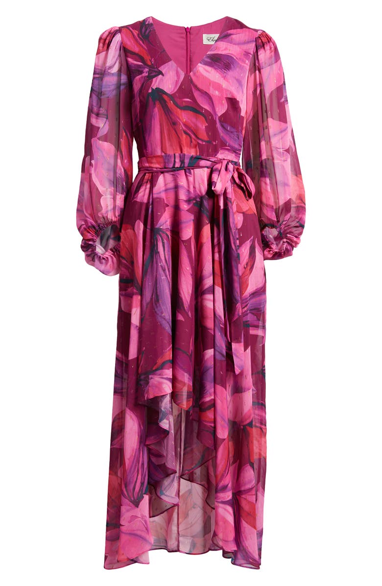 Eliza J Metallic Fleck Floral Long Sleeve High Low Dress, Alternate, color, Berry