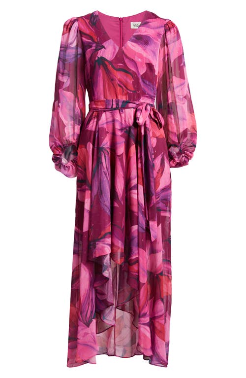 Eliza J Metallic Fleck Floral Long Sleeve High Low Dress In Berry