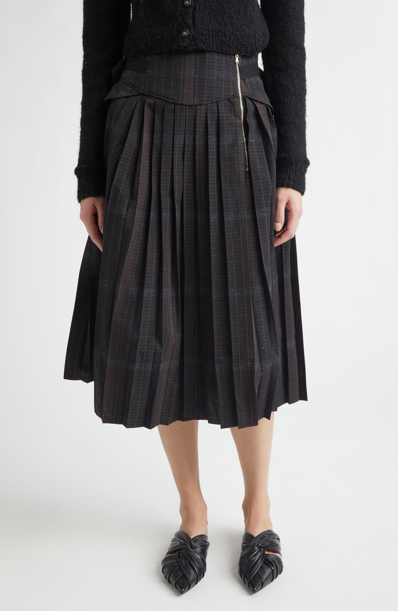 Meruert Tolegen Pleated Plaid Corset Midi Skirt, Main, color, Black Artisinal Plaid