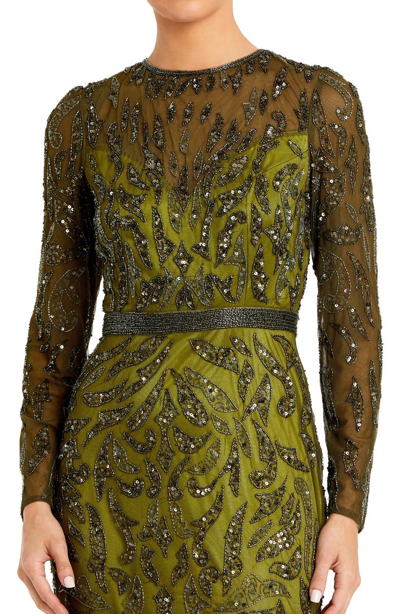 Abstract Beaded Long Sleeve Evening Gown