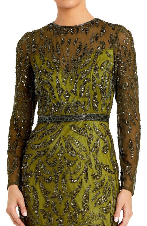 Mac Duggal Beaded Long Sleeve Evening Gown In Olive