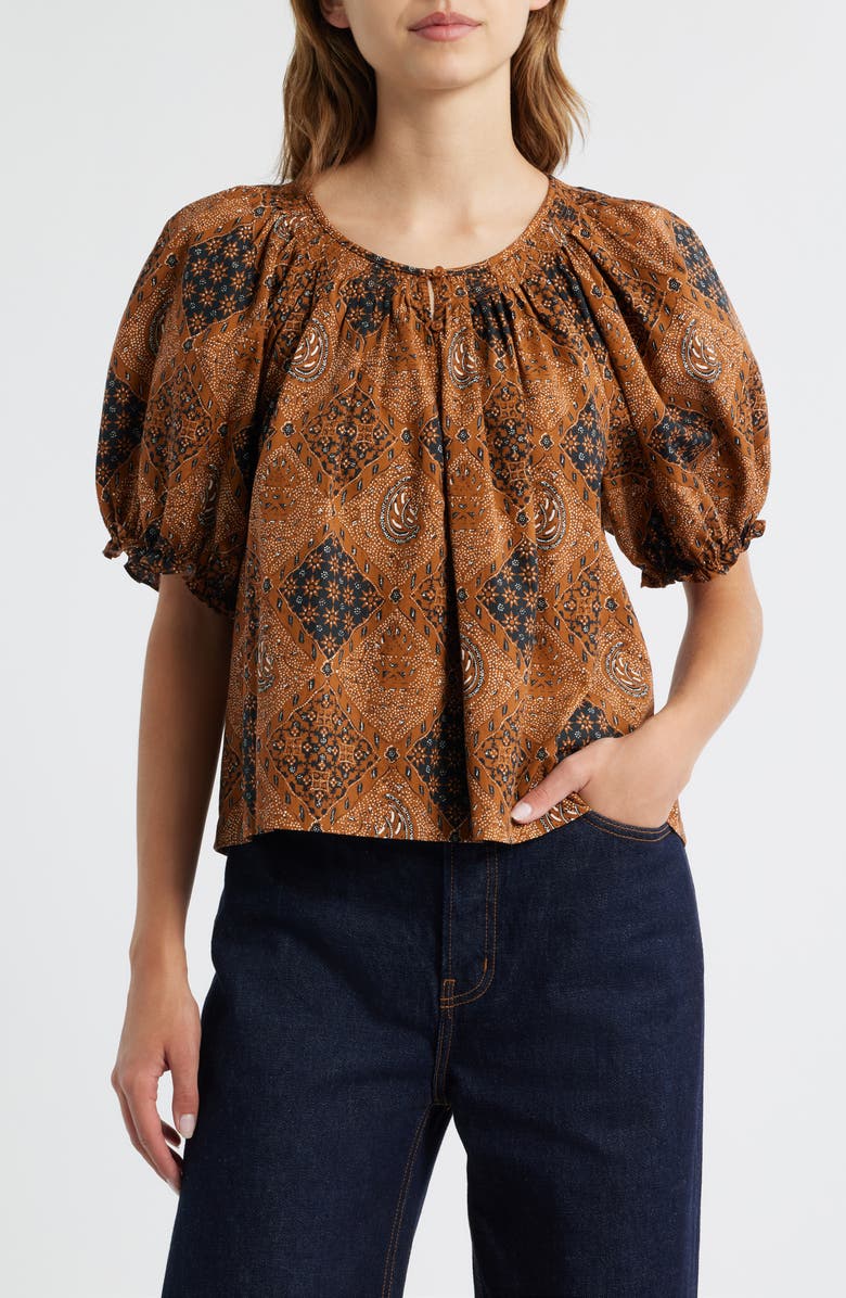 THE GREAT. The Moorland Puff Sleeve Top, Main, color, Geo Bandana Print