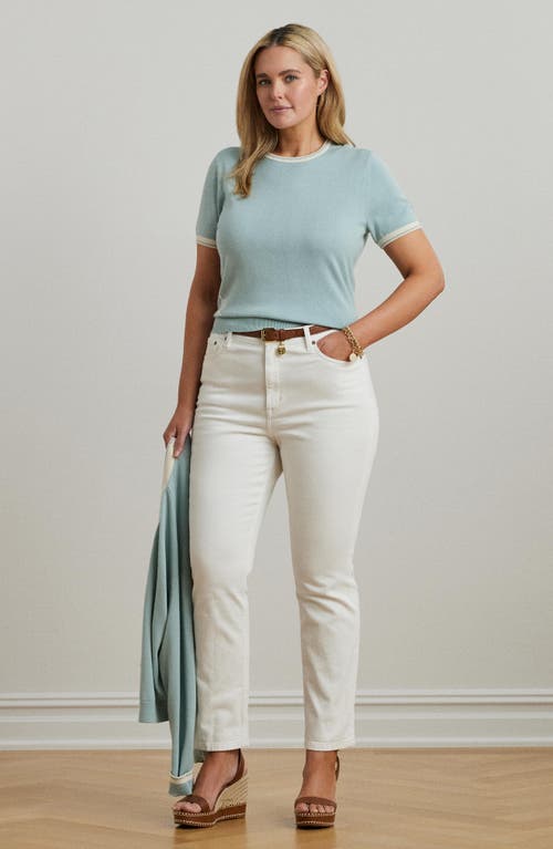 Ralph Lauren Lauren  Tipped Short Sleeve Crewneck Sweater In Aqua Pearl/mascarpone Cream
