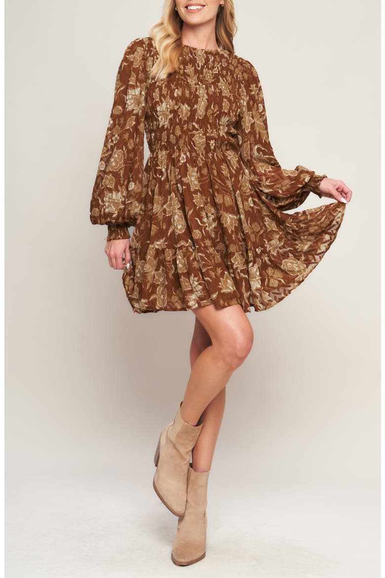 Floral Smocked Long Sleeve Minidress, Alternate, color, BROWN