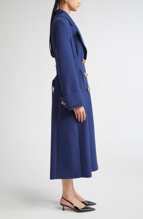 Carolina Herrera Flower Button Wool Long Peacoat In Blue