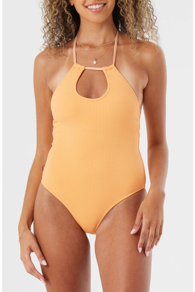 High Neck Plunge One-Piece Swimsuit, Alternate, color, PAPAYA