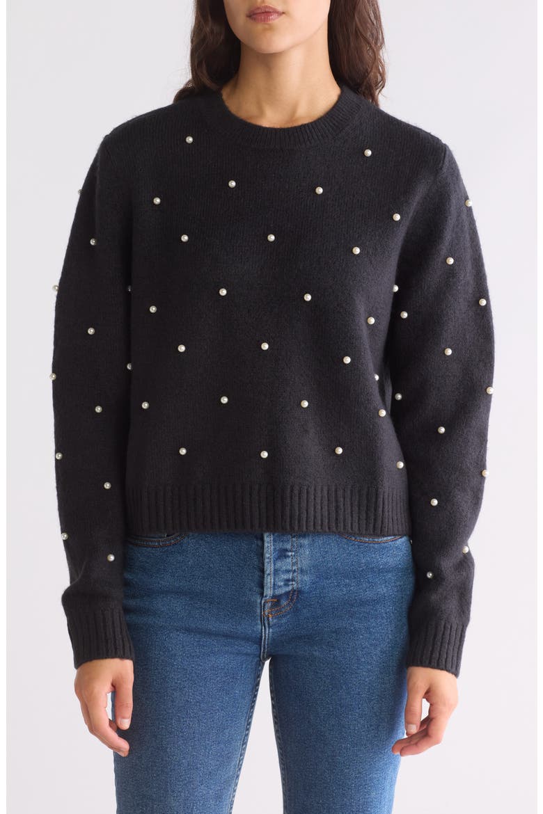 Imitation Pearl Crewneck Sweater, Main, color, BLACK