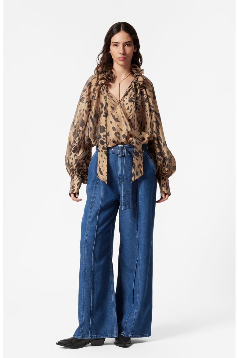 Leopard Print Ruffle Tie Neck Top, Alternate, color, LEOPARD