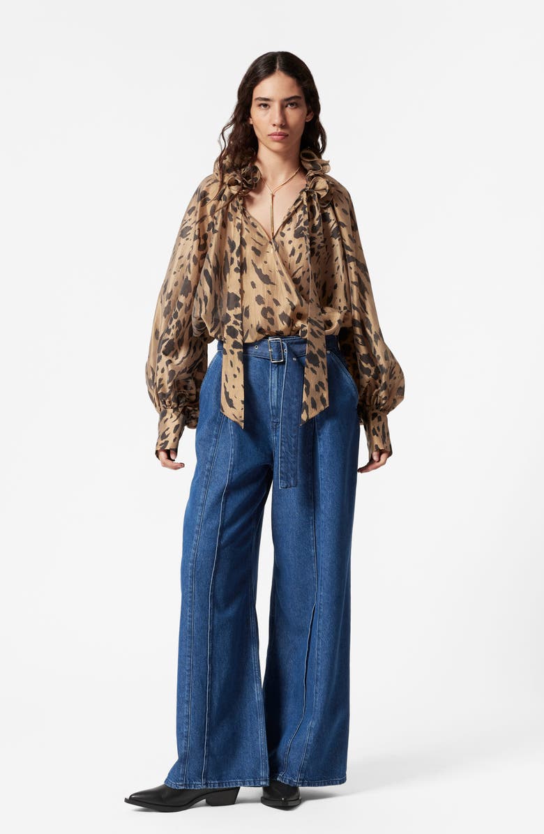 & Other Stories Leopard Print Ruffle Tie Neck Top, Alternate, color, 