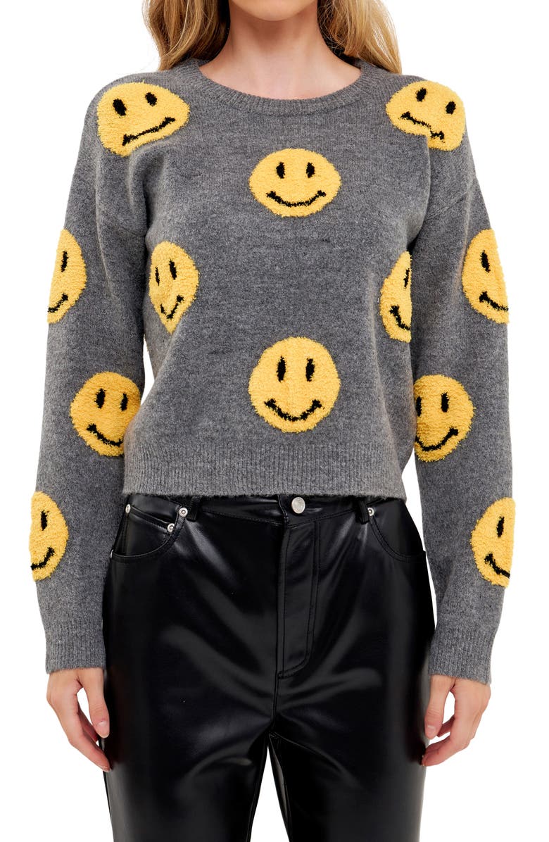 Grey Lab Chenille Smiley Face Sweater, Main, color, 