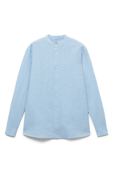 Band Collar Linen Blend Button-Up Shirt