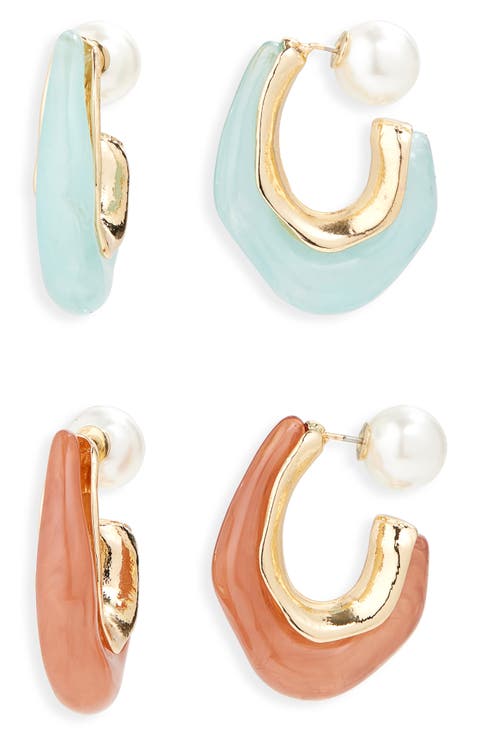 Set of 2 Resin & Faux Pearl Molten Hoop Earrings