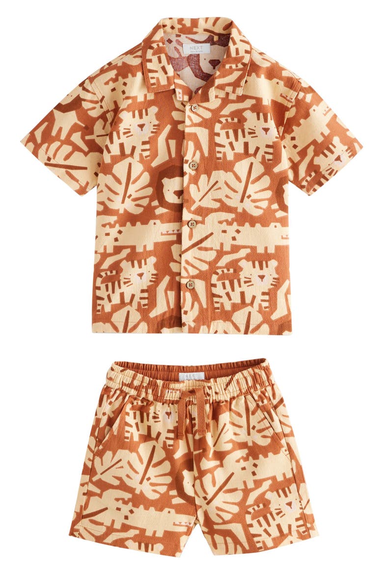 Kids' Safari Print Cotton Camp Shirt & Drawstring Shorts Set, Main, color, BROWN