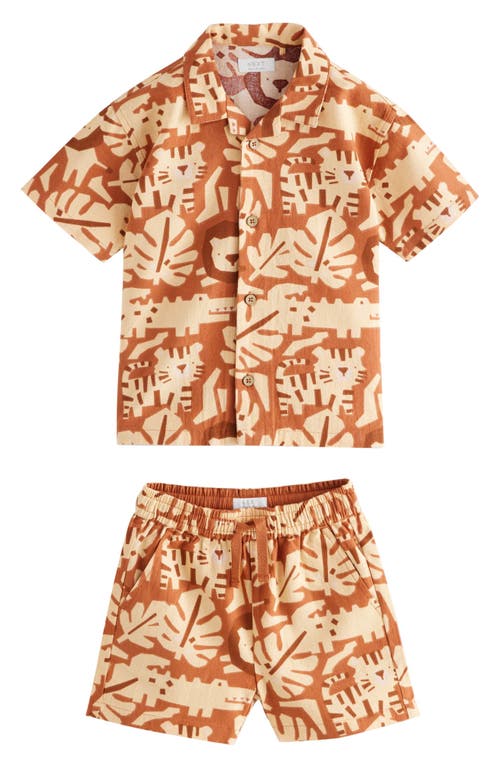 Next Kids' Safari Print Cotton Camp Shirt & Drawstring Shorts Set In Brown