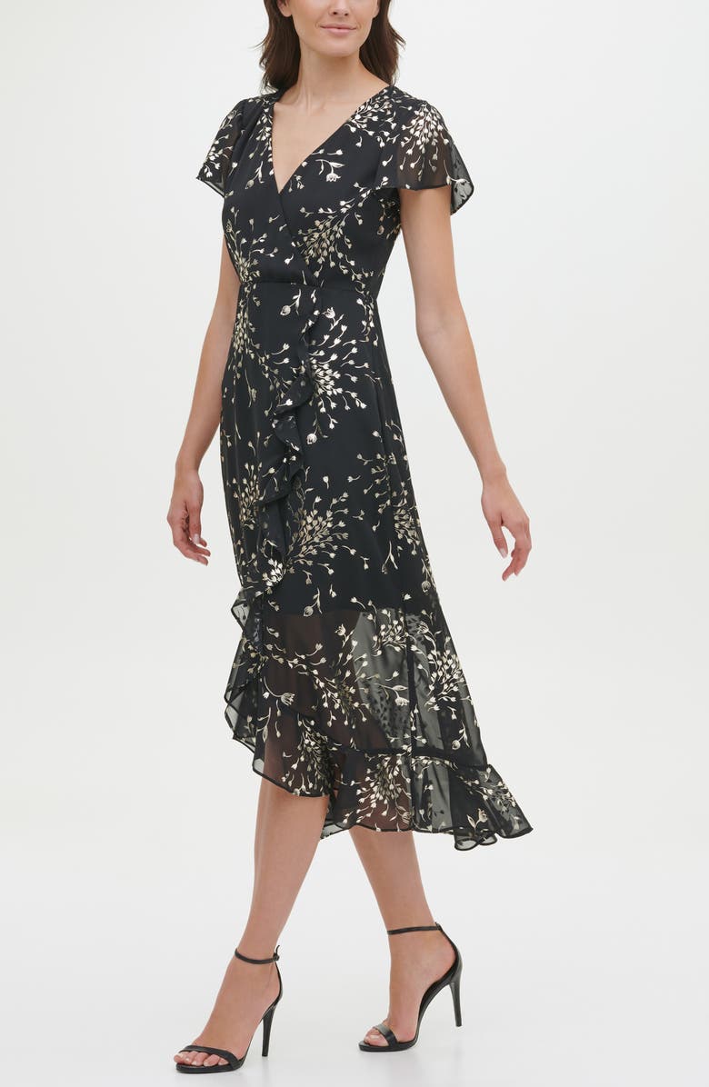 Kensie Metallic Floral Short Sleeve Faux Wrap Midi Dress, Alternate, color,