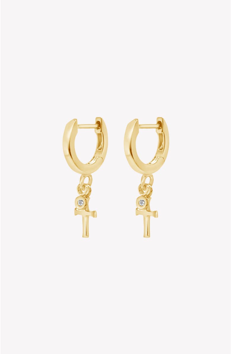 Rizen Jewelry Calvary Cross Huggie Hoop Earrings, Main, color, 18K Gold Plated