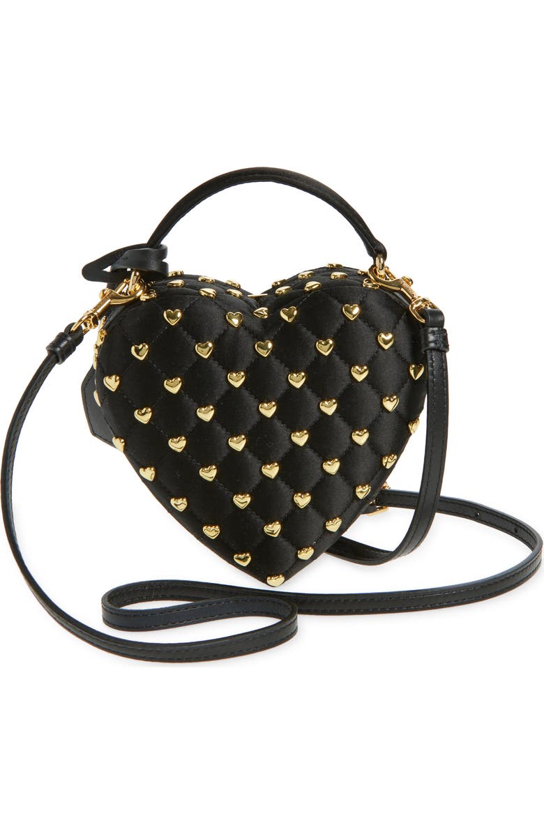 Moschino Love Me Studded Satin Crossbody Bag, Alternate, color, Black