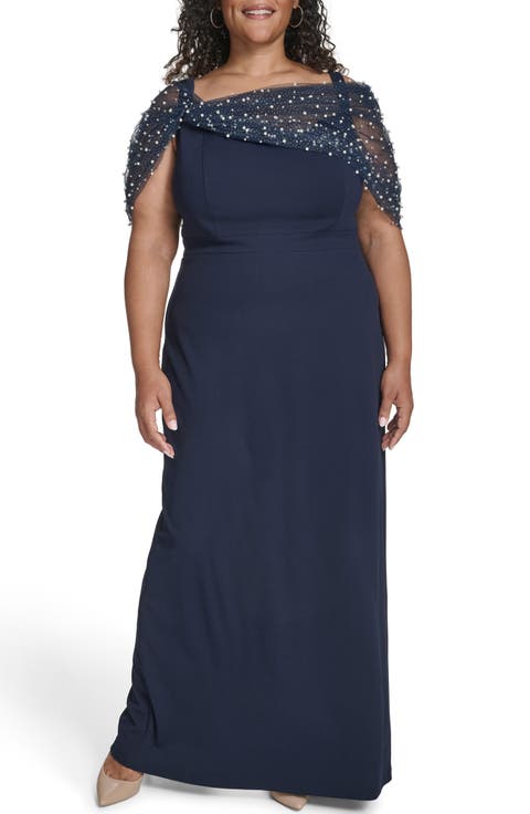 Beaded Mesh Overlay Crepe Column Gown (Plus)