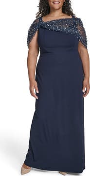 Eliza J Beaded Mesh Overlay Crepe Column Gown