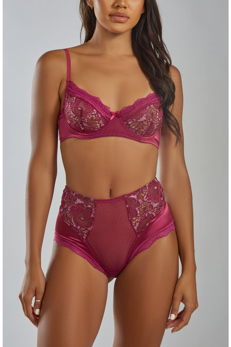Two-Toned Lace Bra & High-Waist Panty Set, Main, color, Wine