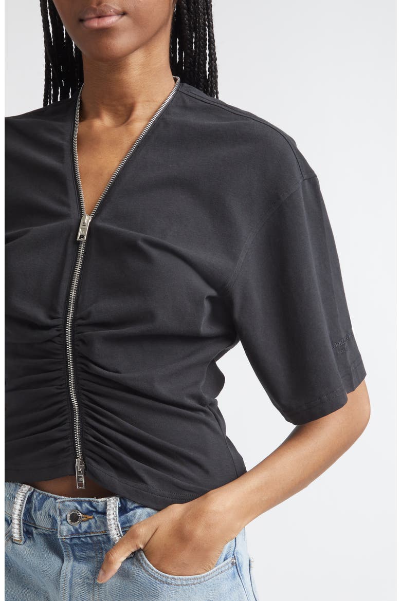 Ruched Knit Zip Top, Alternate, color, BLACK