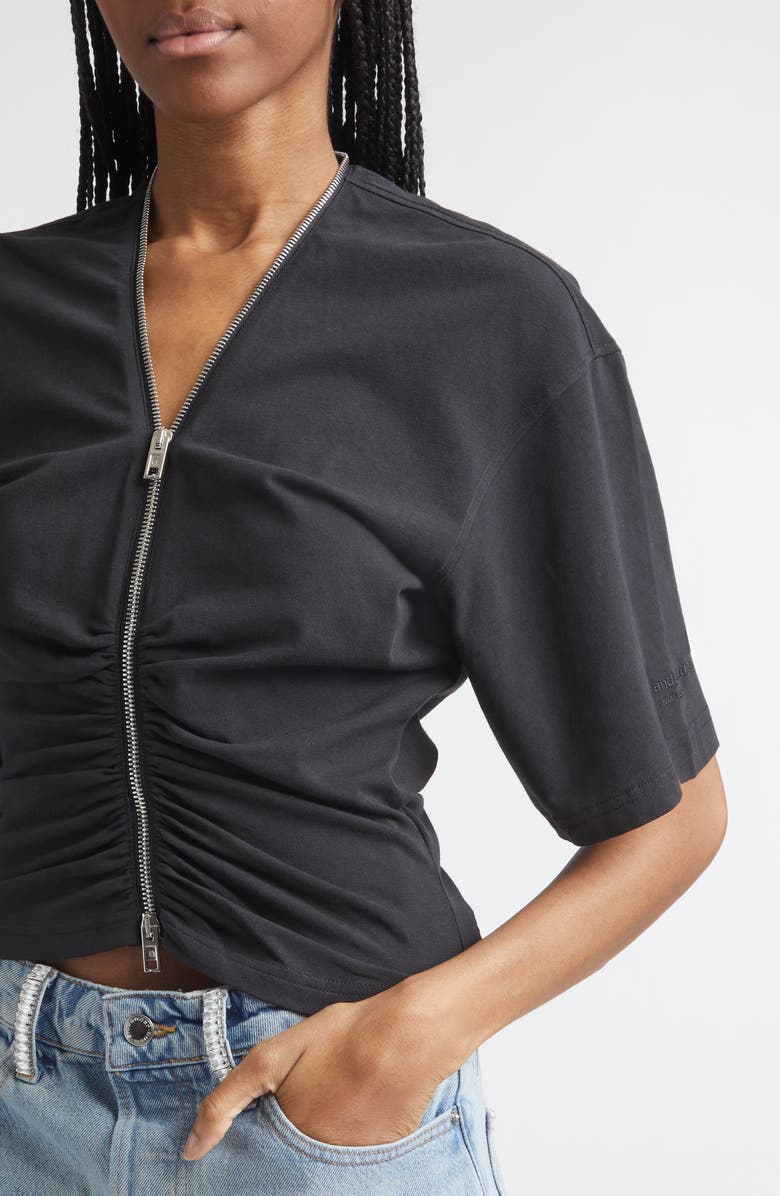 Alexander Wang Ruched Knit Zip Top, Alternate, color, Black