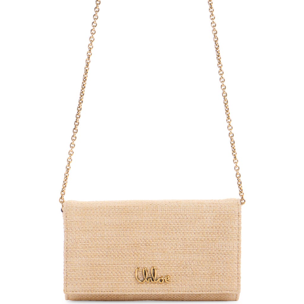 Chloé Iconic Script Raffia Texture Wallet On A Chain In Hot Sand