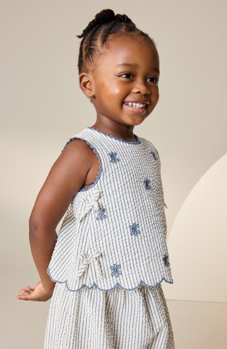 NEXT Kids' Floral Embroidered Sleeveless Cotton Seersucker Top & Pants Set, Alternate, color, Blue