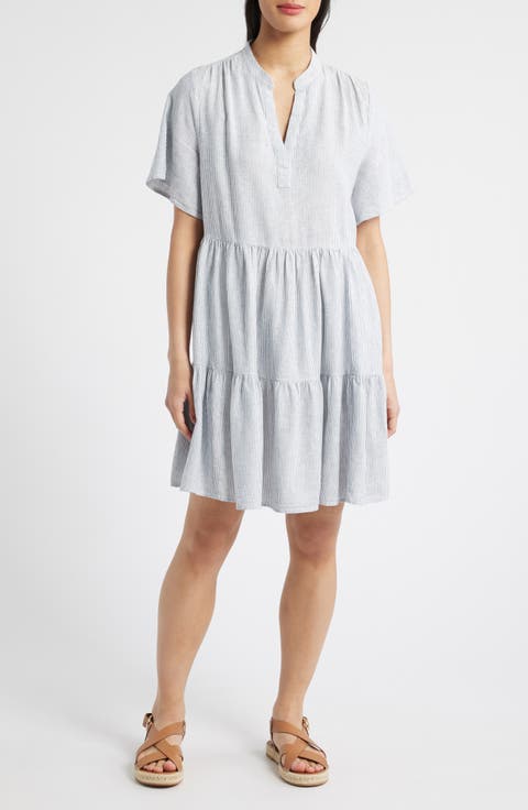 Easy Tiered Linen Blend Shift Dress