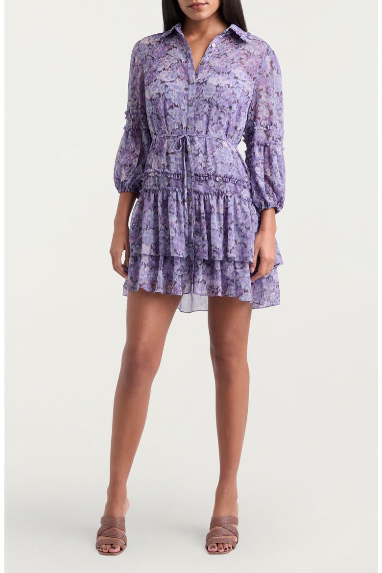 Painted Hydrangea Marsea Ruffle Chiffon Shirtdress, Main, color, LILAC WINE MULTI