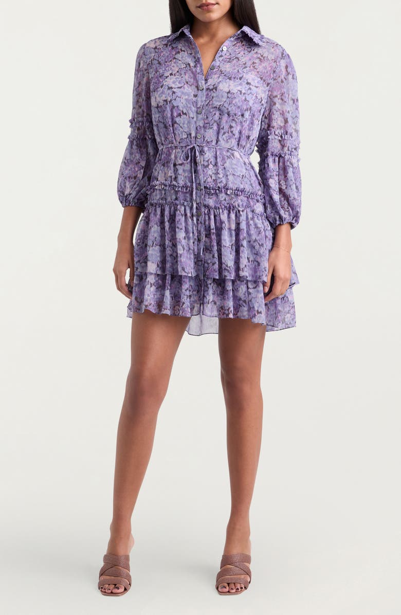 Cinq à Sept Painted Hydrangea Marsea Ruffle Chiffon Shirtdress, Main, color, Lilac Wine Multi