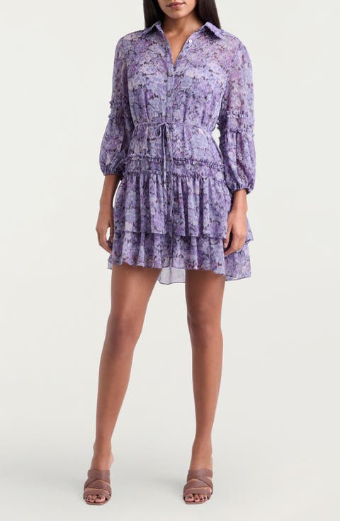 Painted Hydrangea Marsea Ruffle Chiffon Shirtdress