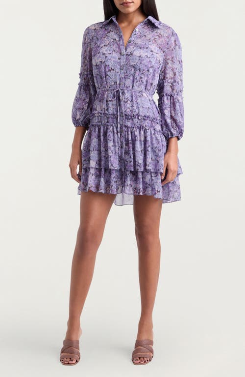 Cinq À Sept Painted Hydrangea Marsea Ruffle Chiffon Shirtdress In Lilac Wine Multi
