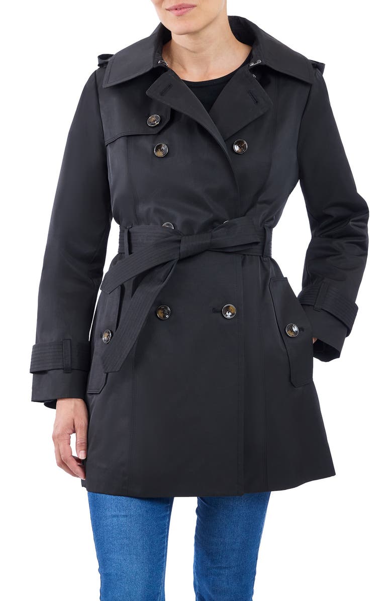 London Fog Hooded Double Breasted Cotton Blend Trench Coat, Alternate, color, Black