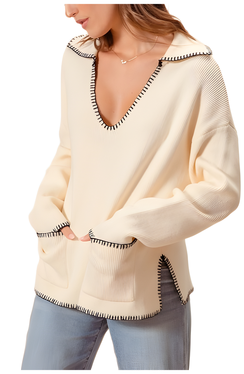 Knit and Lounge Ribbed Long Sleeve V-Neck Pullover With Contrast Trim, Alternate, color, Off-White / Black